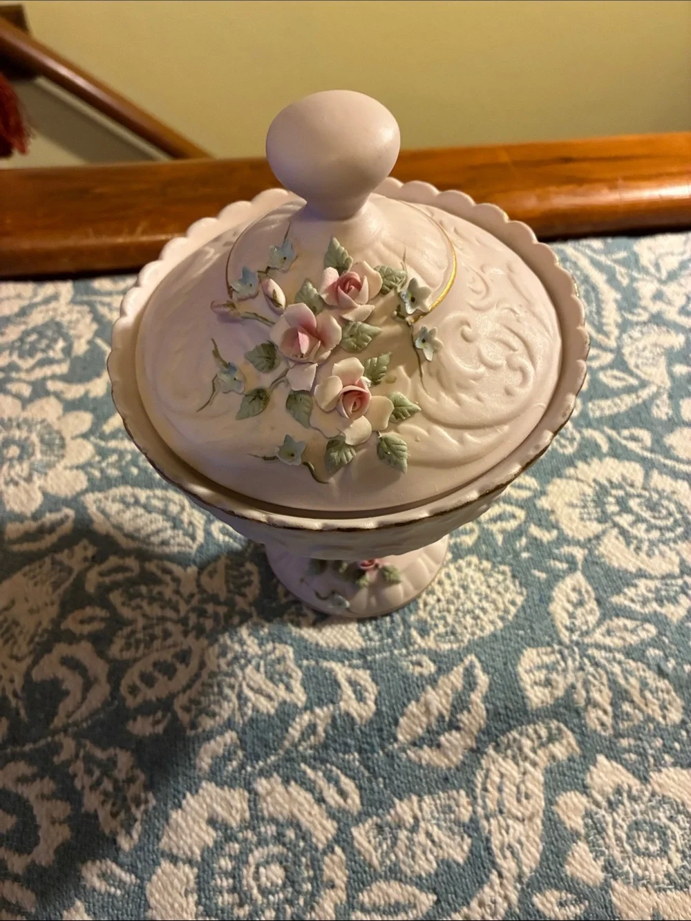Vintage Lefton Pink Porcelain Covered Compote with Pink Rose Accents